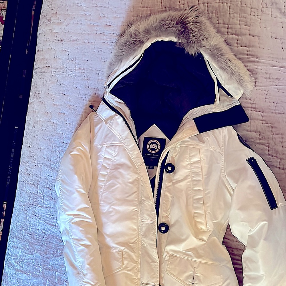 Canada Goose ski parka size M - white with black trim and fur lines hood.